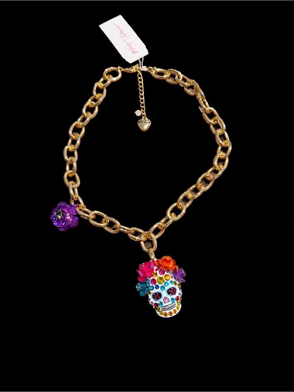 Betsey Johnson Sugar Skull Statement Necklace Gold Tone Rhinestone Floral NWT